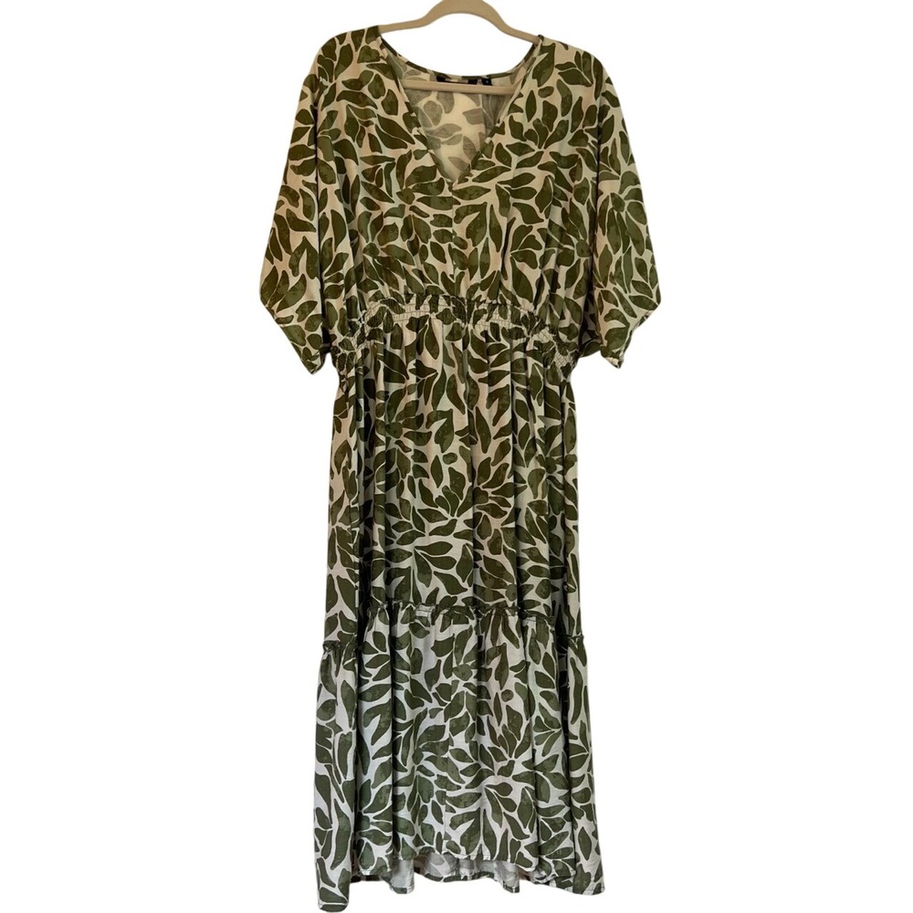 Mlle Gabrielle V Neck Tiered Green White Bohemian Cottagecore Midi Dress Size 1X